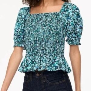 J. Crew Factory Floral Smocked Bodice Poplin Top Black Heritage Green Small